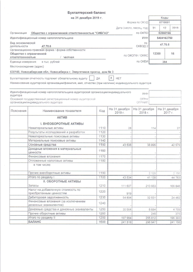Бухгалтерский баланс 2019 - ООО «СИБГАЗ»